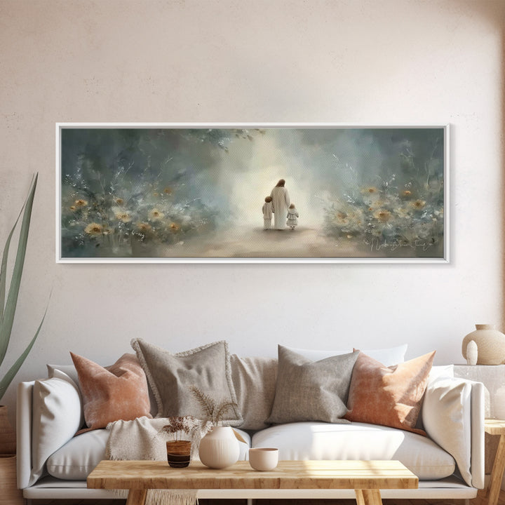 Golden Meadow Grace, Framed Canvas Print, Panoramic Wall Art, Christian Art Canvas, Jesus Painting, Christian Christmas Art, Christian Art