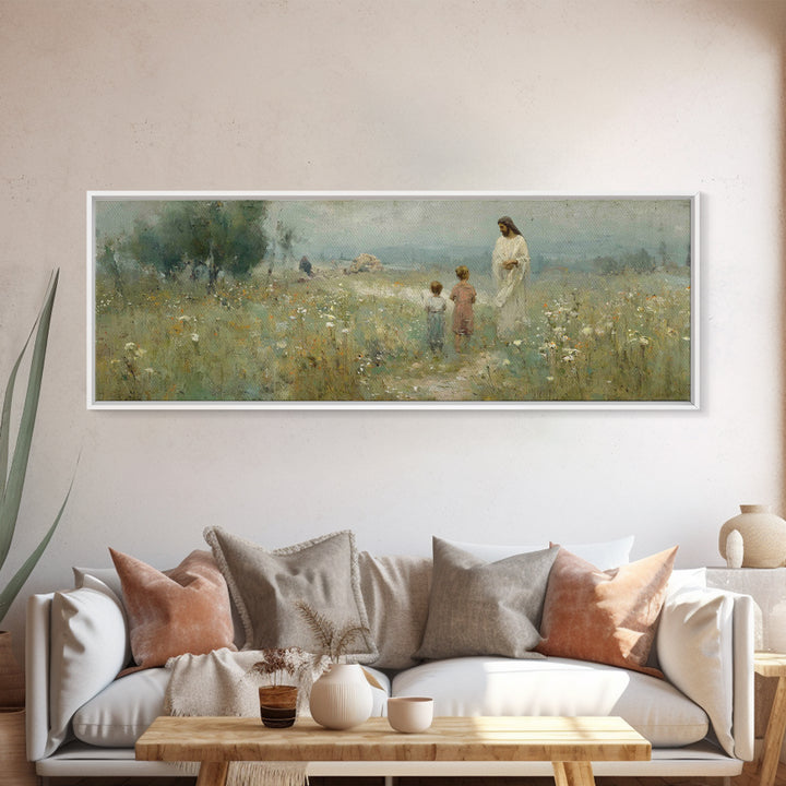 Promise In The Meadow – Framed Canvas Print – Panoramic Art – Christian Wall Art – Christian Art Canvas – Jesus Painting – Christian Art