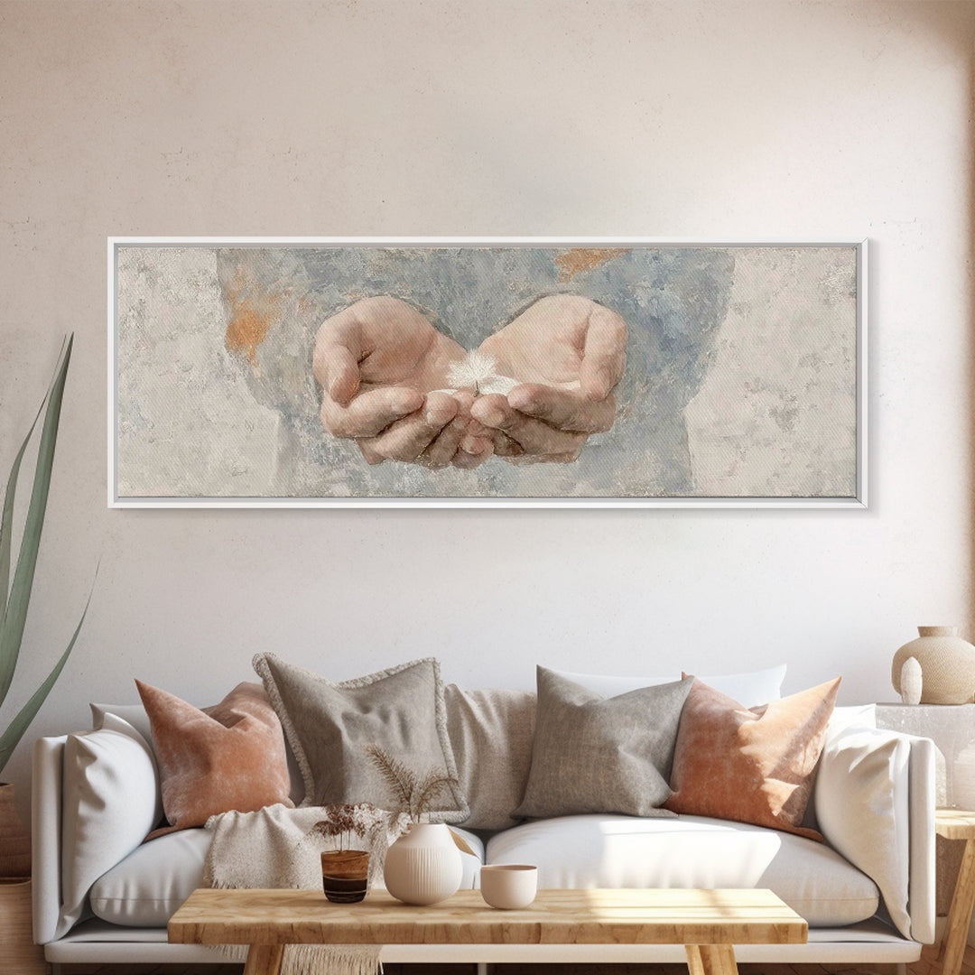 Hands Of Mercy | Framed Canvas Print | Panoramic Painting | Christian Art | Christian Art Canvas | Christian Gift Ideas | Minimalist Christ
