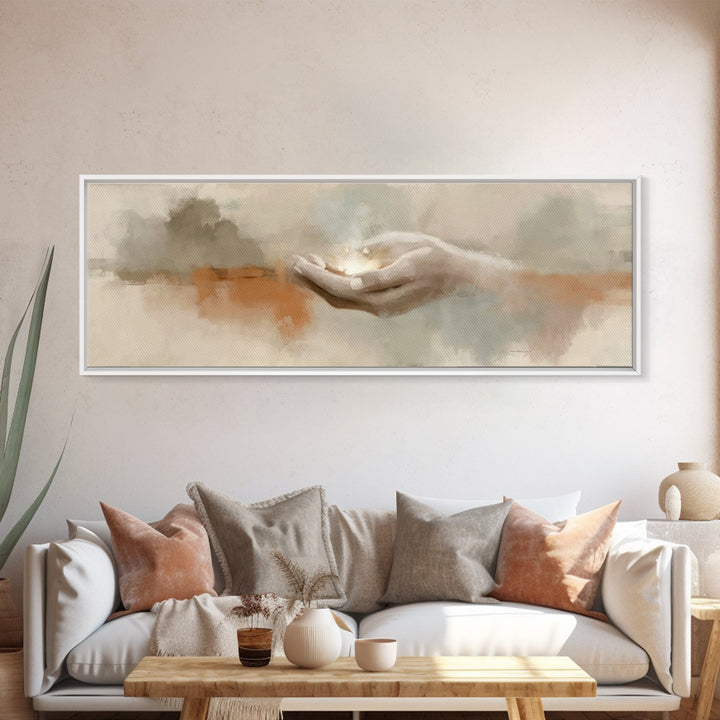 Grace In His Hands, Framed Canvas Print, Panoramic Wall Art, Christian Art Prints, Modern Christian Art, Jesus Art Print, Christian Decor