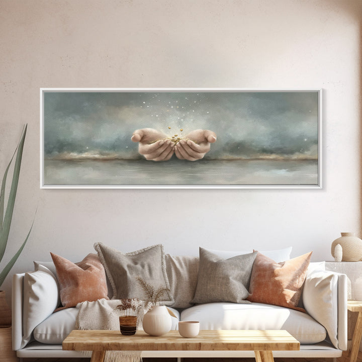 Miracle In His Hands | Framed Canvas Print | Panoramic Wall Art | Christian Art Canvas | Christian Gift | Jesus Painting | Modern Christian