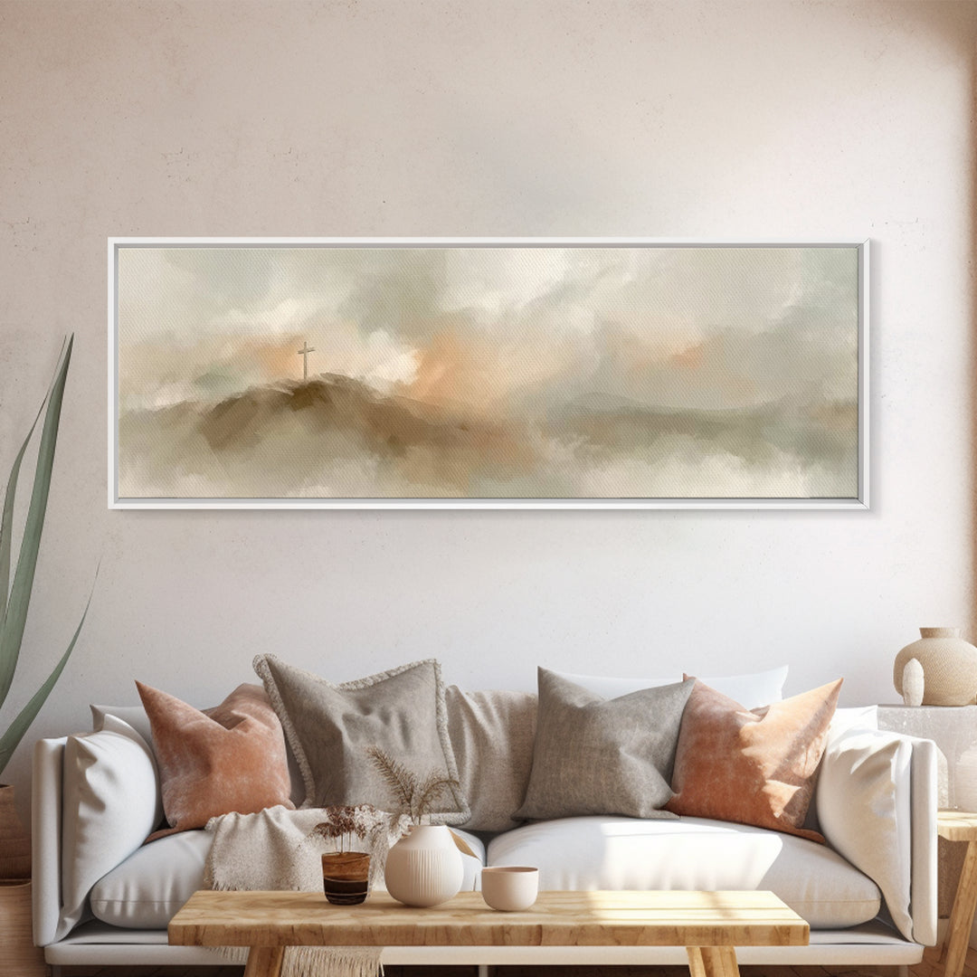 Cross On The Hill – Framed Canvas Print – Christian Art Print – Panoramic Painting – Christian Wall Art – Vintage Christian Art – Christian