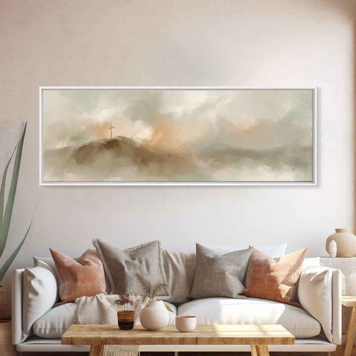 Cross On The Hill – Framed Canvas Print – Christian Art Print – Panoramic Painting – Christian Wall Art – Vintage Christian Art – Christian