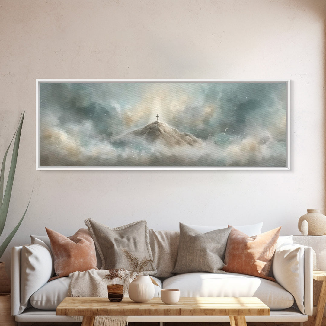 Peaceful Crossrise, Framed Canvas Print, Christian Art Print, Panoramic Painting, Christian Wall Art, Subtle Christian Art, Christian Gift