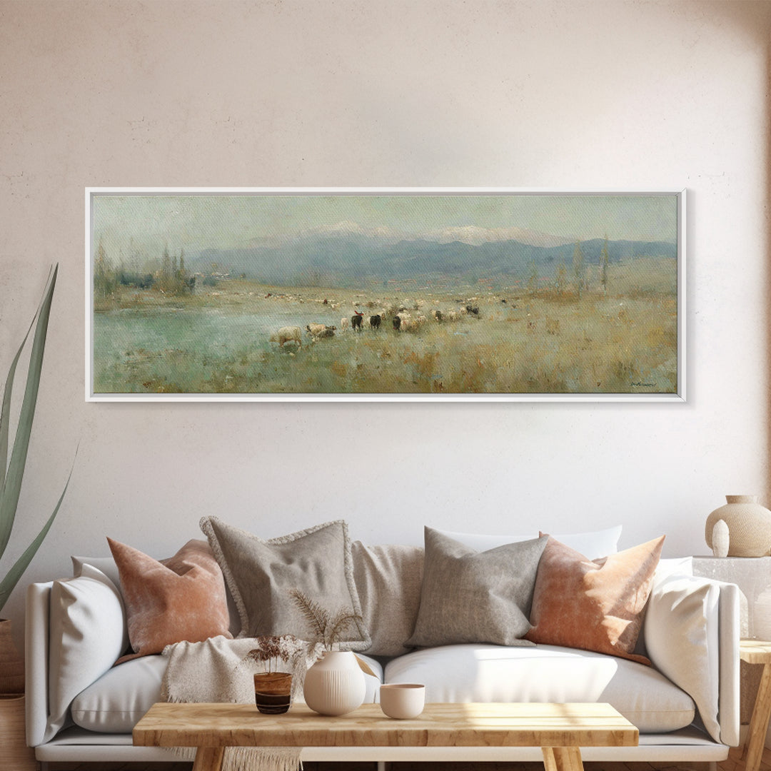 Shepherds At Dawn, Framed Canvas Print, Christian Wall Art, Panoramic Frame, Christian Art Canvas, Subtle Christian Art, Christian Home Dec