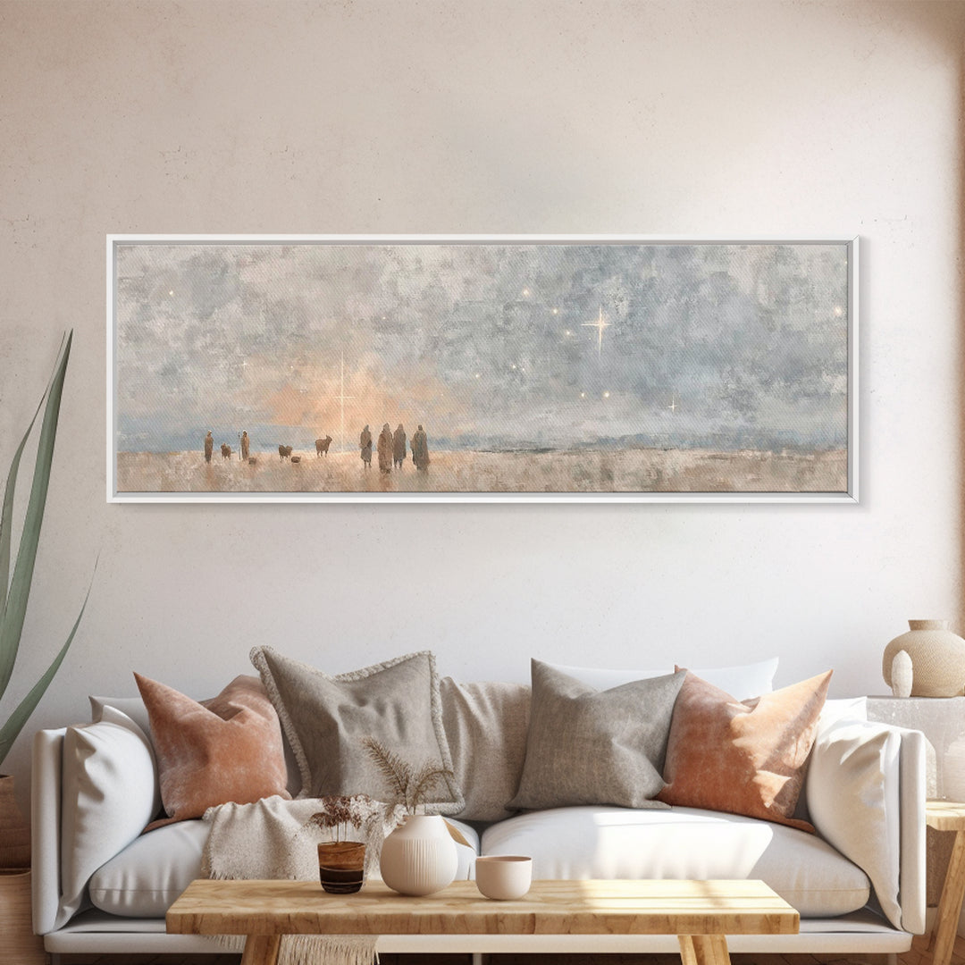 Shepherds At Dawn – Framed Canvas Print – Christian Wall Art – Christian Art Canvas – Panoramic Art – Christian Christmas Art