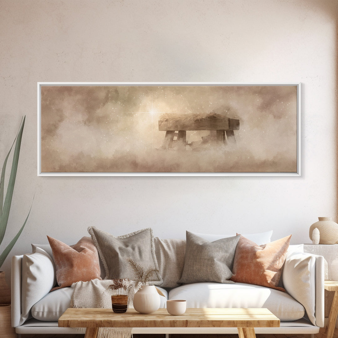 Manger Light Glory, Framed Canvas Print, Christian Art Canvas, Christian Wall Art, Panoramic Painting, Christmas Art Prints, Christian Deco