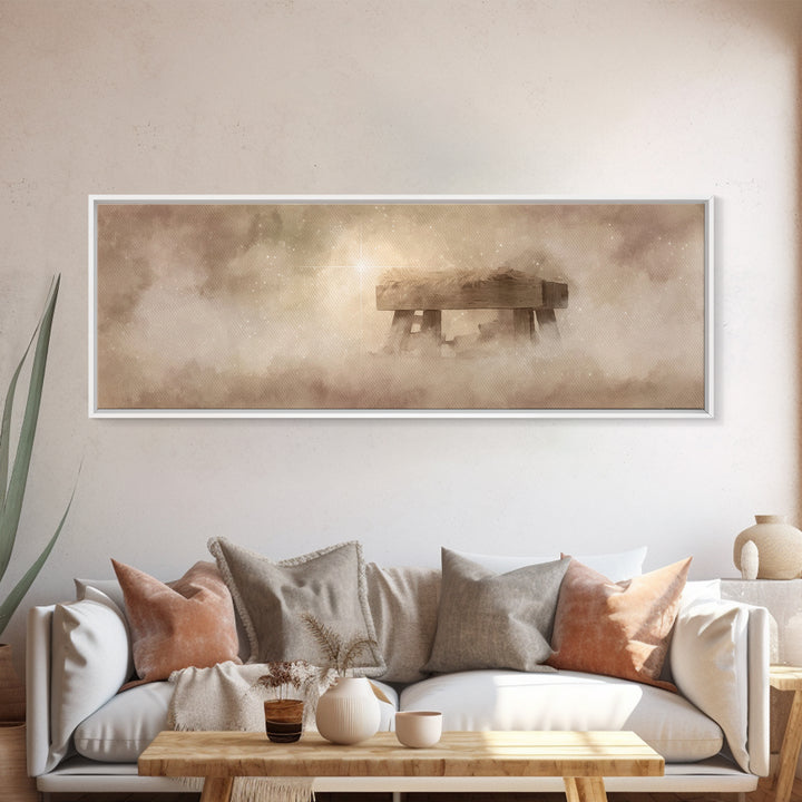 Manger Light Glory, Framed Canvas Print, Christian Art Canvas, Christian Wall Art, Panoramic Painting, Christmas Art Prints, Christian Deco