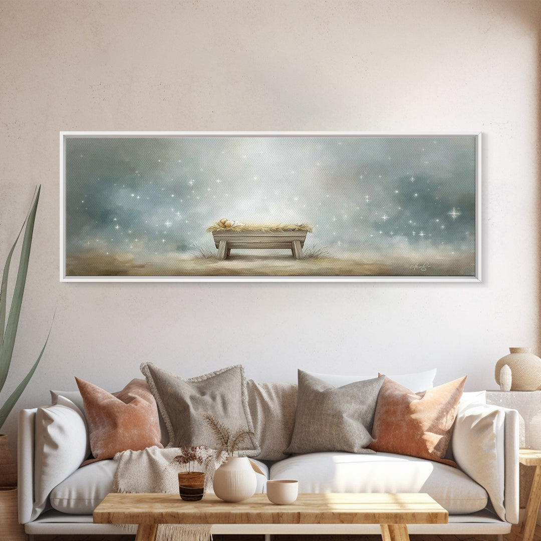 Starry Night Manger, Framed Canvas Print, Christian Christmas Art, Panoramic Art, Christian Wall Art, Jesus Painting
