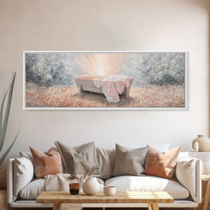 Radiant Manger Joy | Framed Canvas Print | Christian Art Canvas | Panoramic Wall Art | Christmas Wall Art | Christian Decor