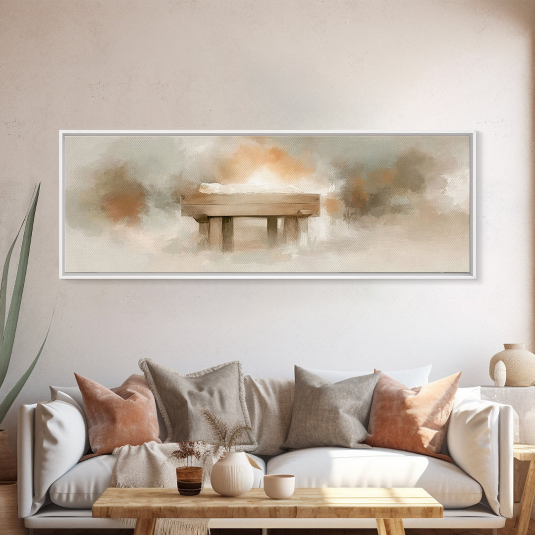 Humble Birth Glow - Framed Canvas Print - Christian Wall Art - Panoramic Painting - Christian Gift - Jesus Painting