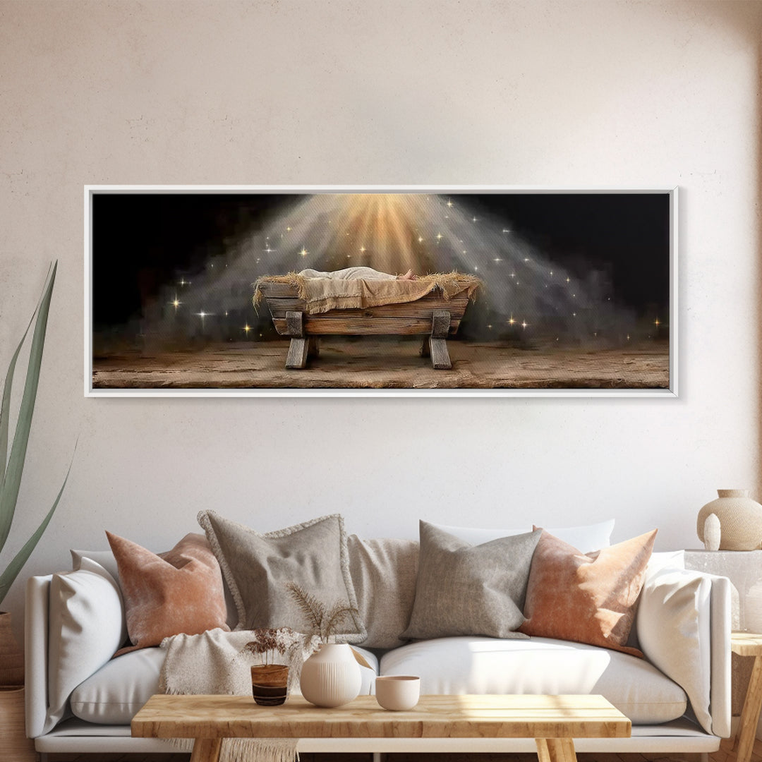 Silent Night Shelter, Framed Canvas Print, Christian Art Canvas, Panoramic Print, Christmas Art, Christian Wall Art