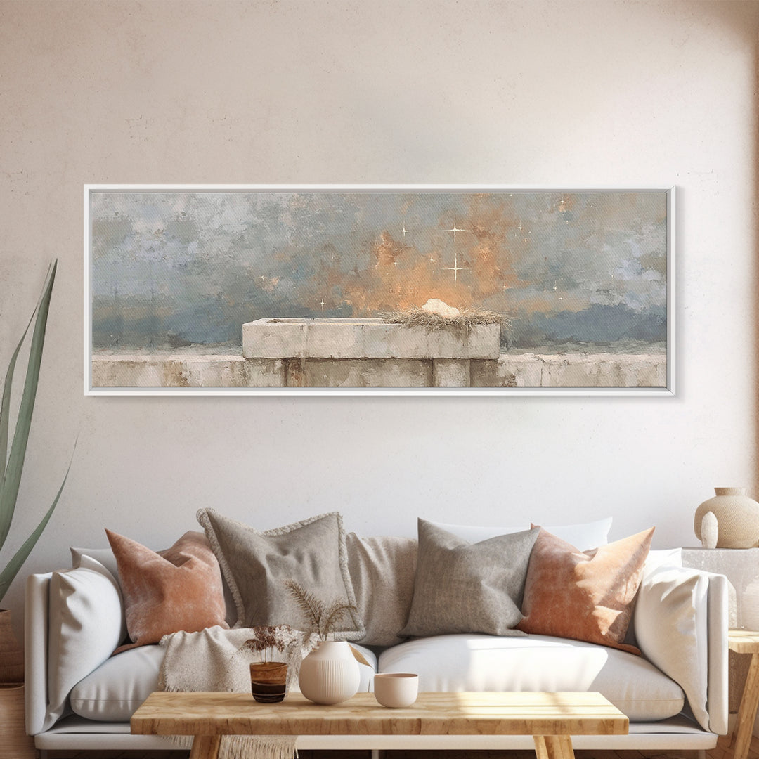 Manger Star Peace - Framed Canvas Print - Christian Wall Art - Extra Wide Art - Christian Decor - Christmas Art