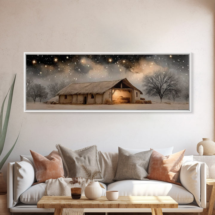 Starry Stable Night – Framed Canvas Print – Christian Christmas Art – Panoramic Painting – Christmas Wall Art – Christian Decor