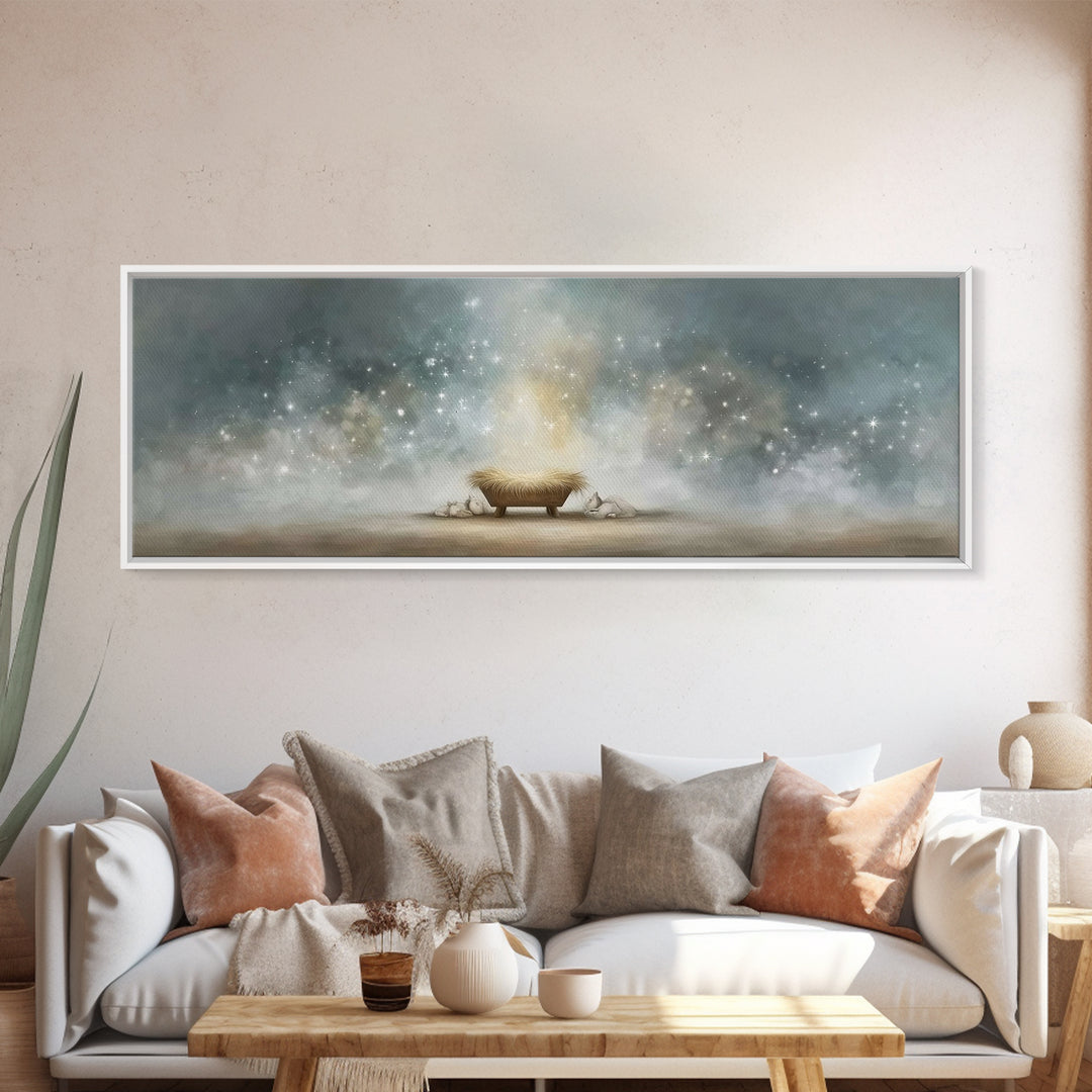 Heavenly Cradle Light, Framed Canvas Print, Panoramic Art, Christian Wall Art, Christmas Art Prints, Christian Art Canvas