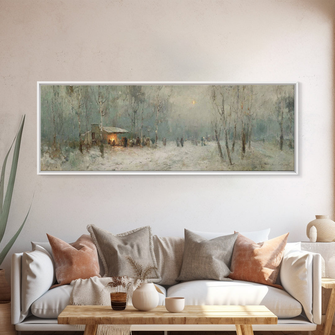 Winter Gathering Glow | Framed Canvas Print | Christian Wall Art | Panoramic Print | Christmas Art | Christian Gift Ideas