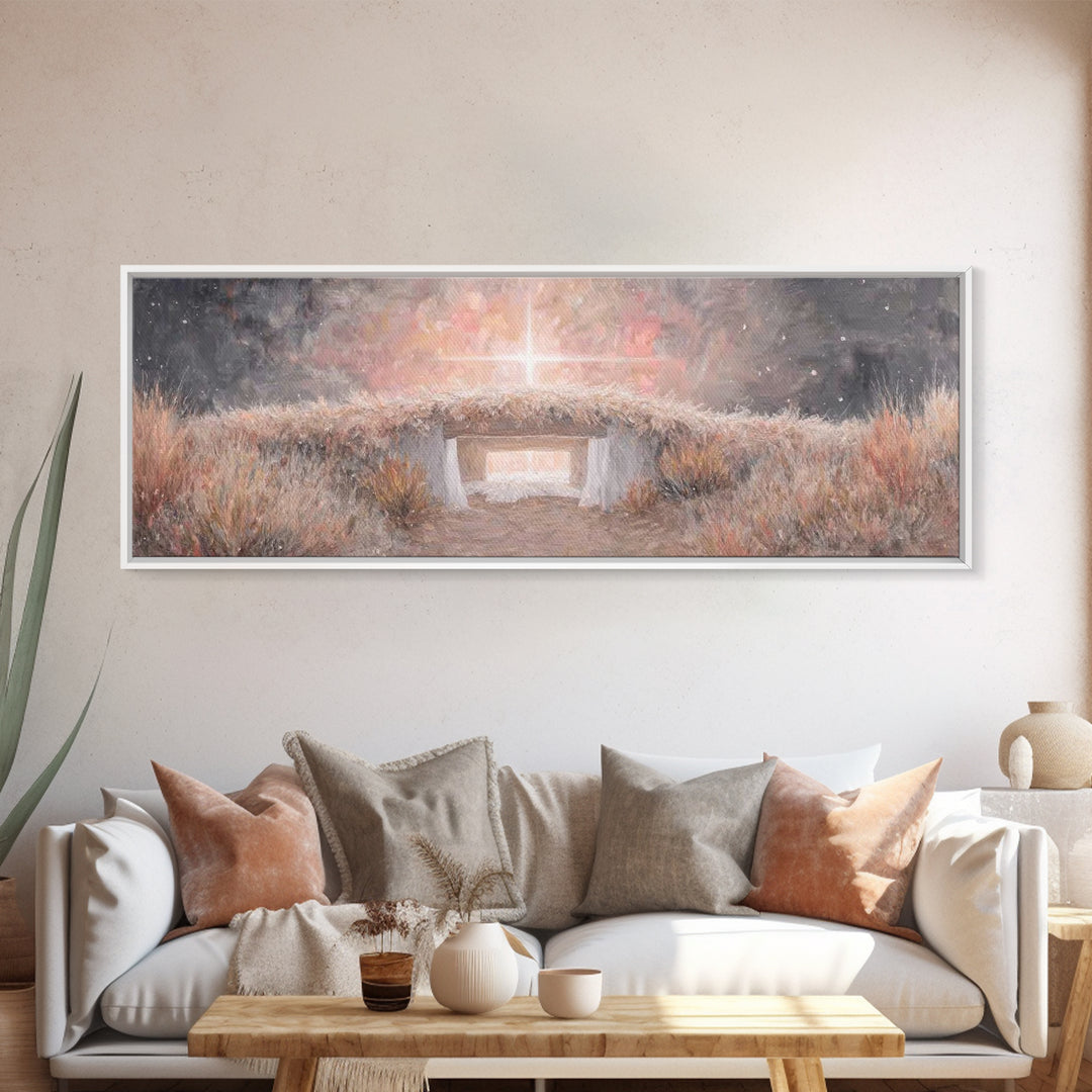 Radiant Manger Star - Framed Canvas Print - Christian Christmas Art - Panoramic Painting - Christian Art Canvas - Christmas Wall Art