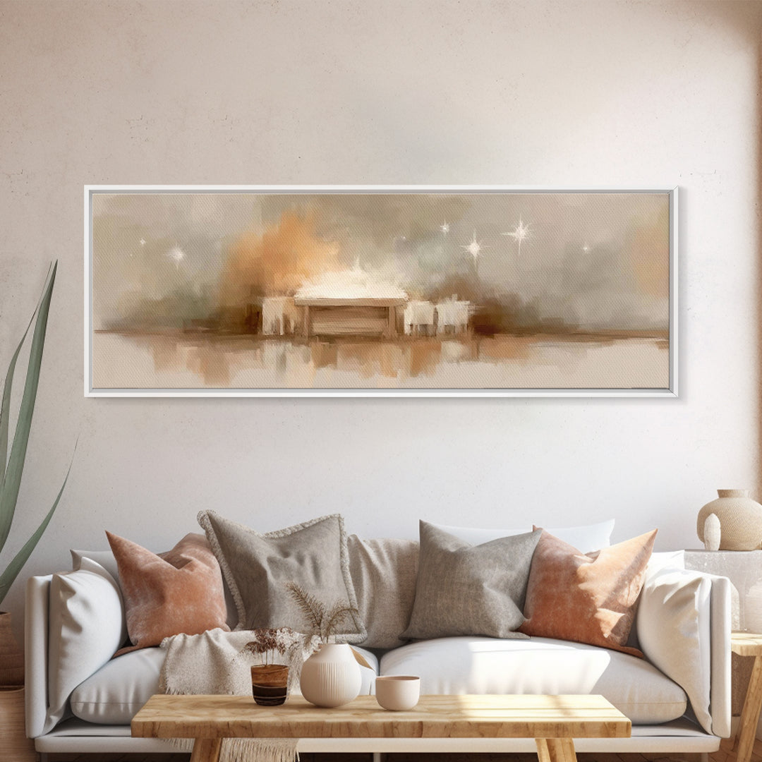 Holy Nativity Light, Framed Canvas Print, Christian Art Canvas, Panoramic Wall Art, Christmas Art, Christian Christmas Decor