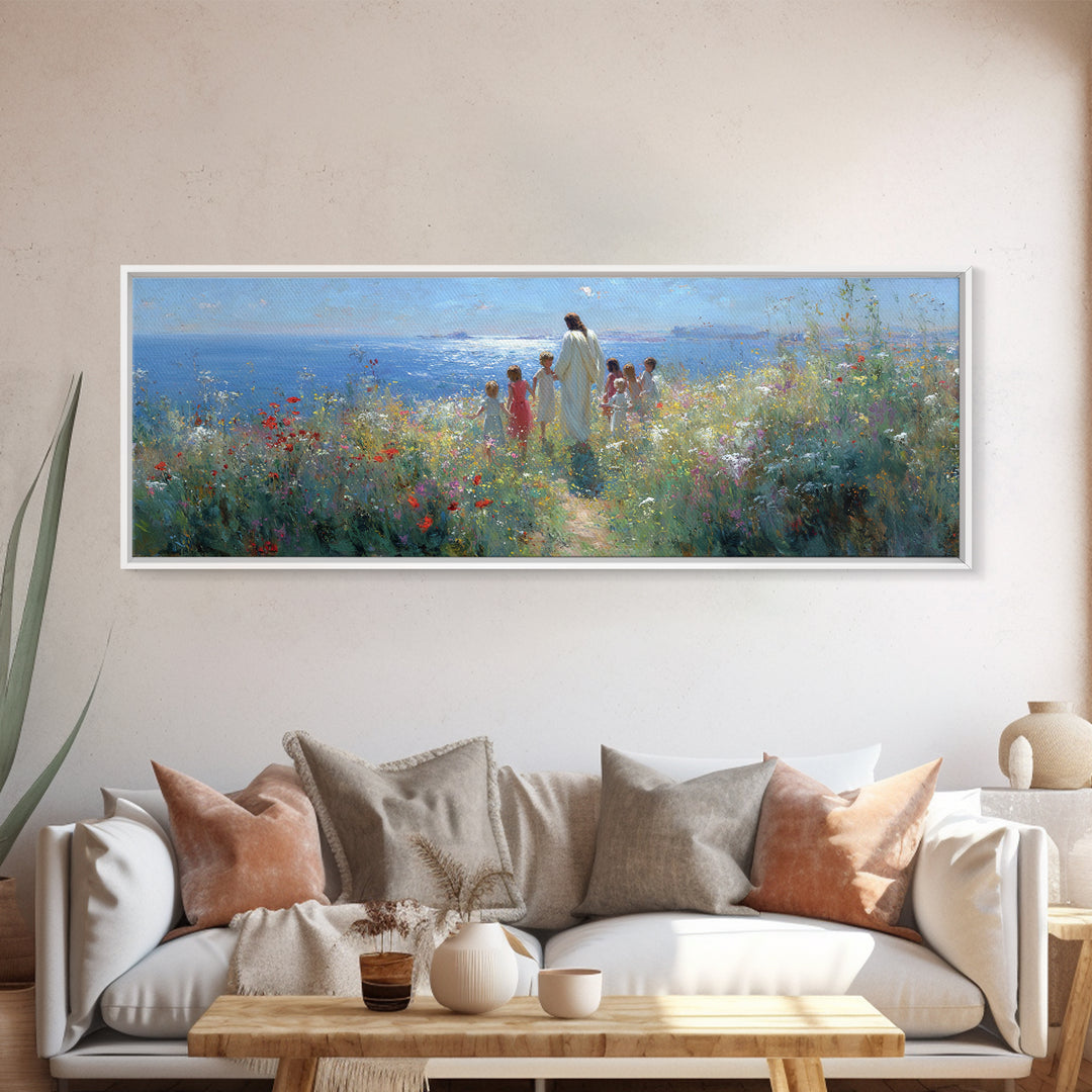 Gentle Dawn Presence | Framed Canvas Print | Christian Wall Art | Panoramic Painting | Christian Art Print | Jesus Painting
