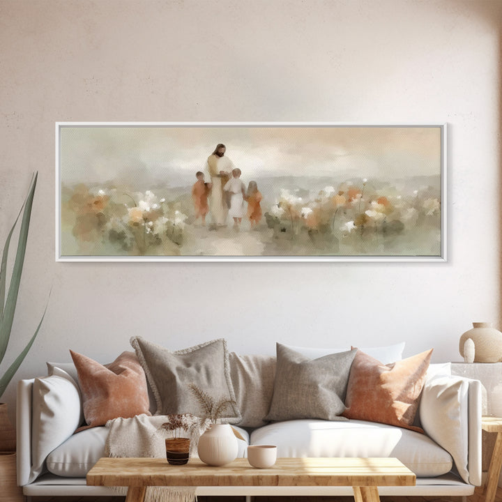Guided By His Love, Framed Canvas Print, Panoramic Art, Christian Wall Art, Jesus Painting Canvas, Christian Gift