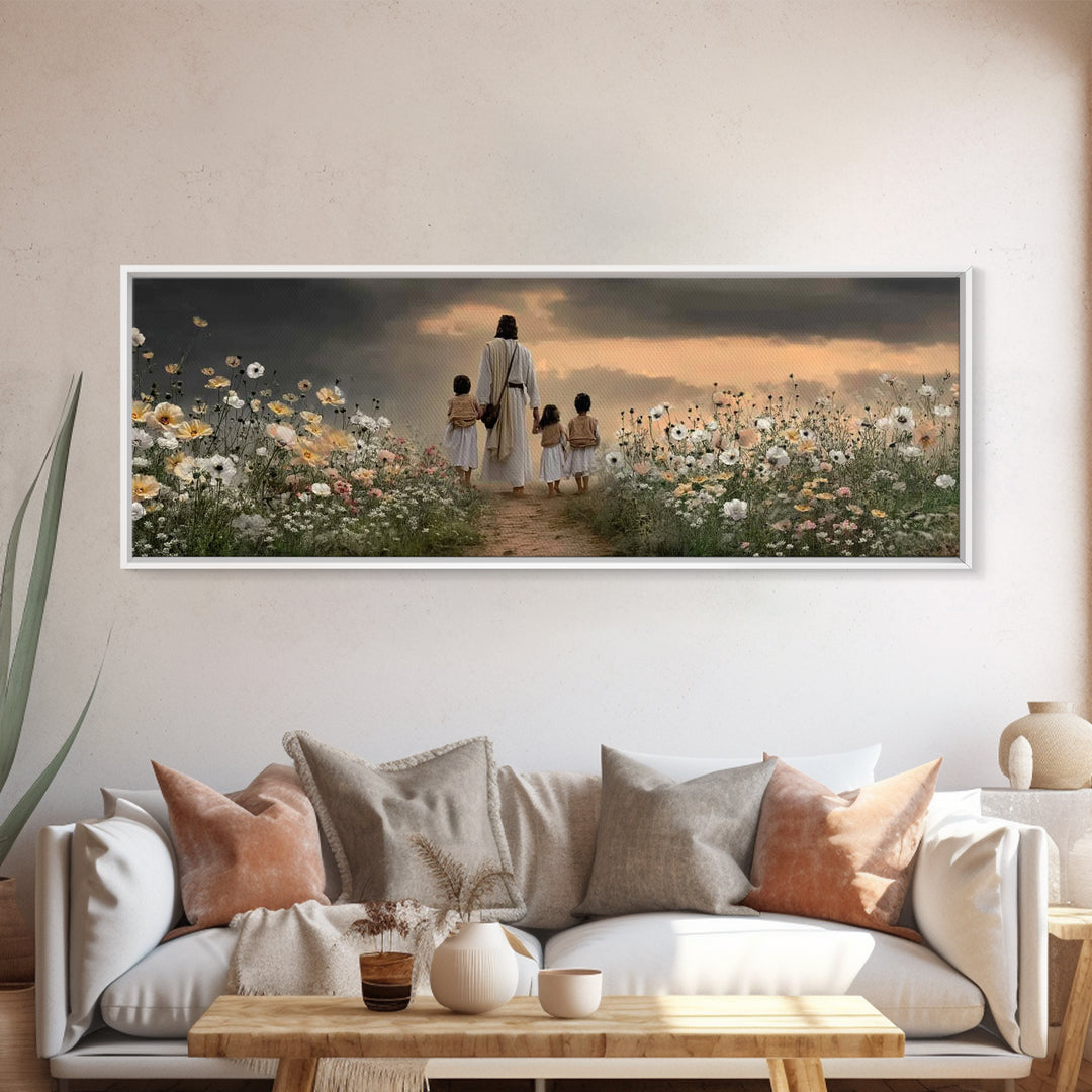 Children Of His Path, Framed Canvas Print, Panoramic Wall Art, Christian Art Canvas, Jesus Painting, Christian Decor For Home