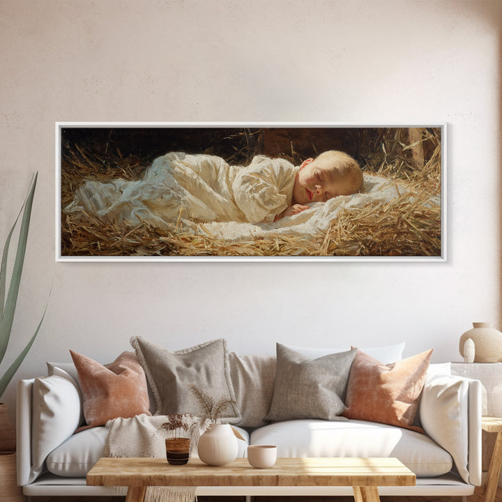 Manger Peace Glow | Framed Canvas Print | Panoramic Painting | Christian Christmas Art | Jesus Art Print | Christmas Wall Art