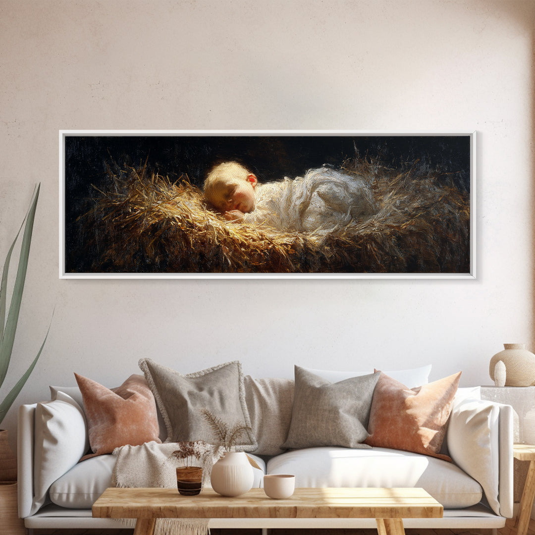 Divine Infant Rest - Framed Canvas Print - Christian Christmas Art - Panoramic Art - Christmas Wall Art - Jesus Painting