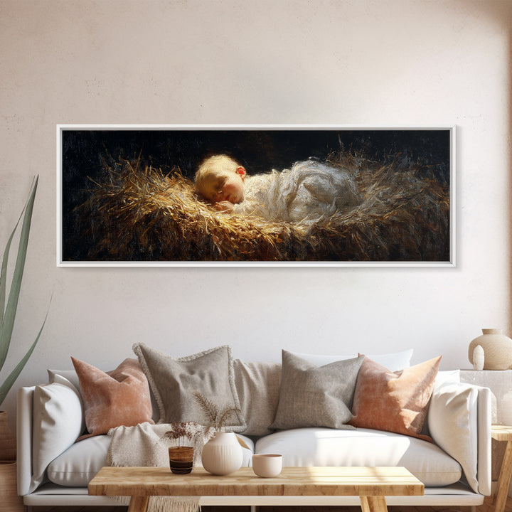 Divine Infant Rest - Framed Canvas Print - Christian Christmas Art - Panoramic Art - Christmas Wall Art - Jesus Painting