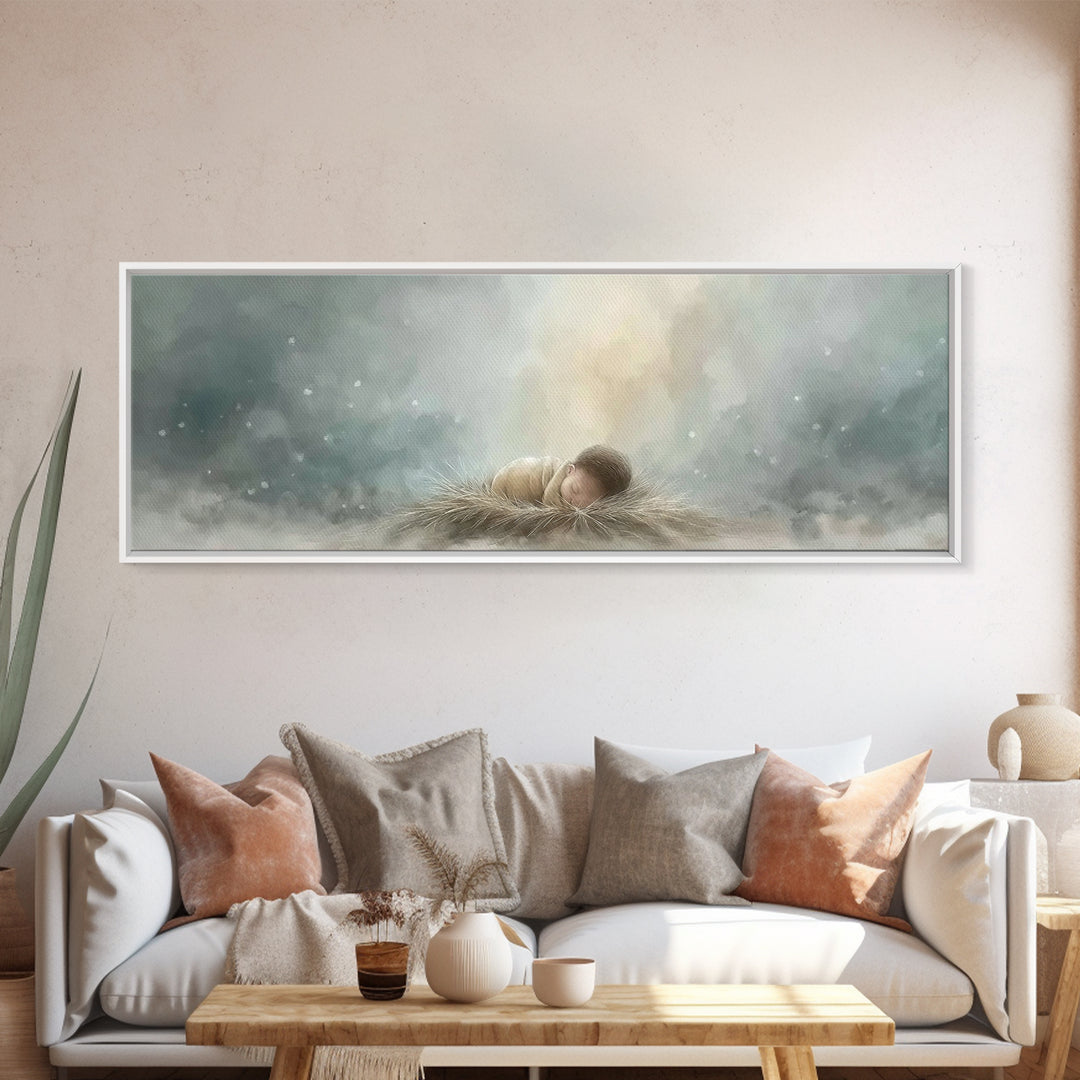 Heaven’s Gentle Gift – Framed Canvas Print – Panoramic Art – Christian Christmas Art – Christian Wall Art – Jesus Art Print
