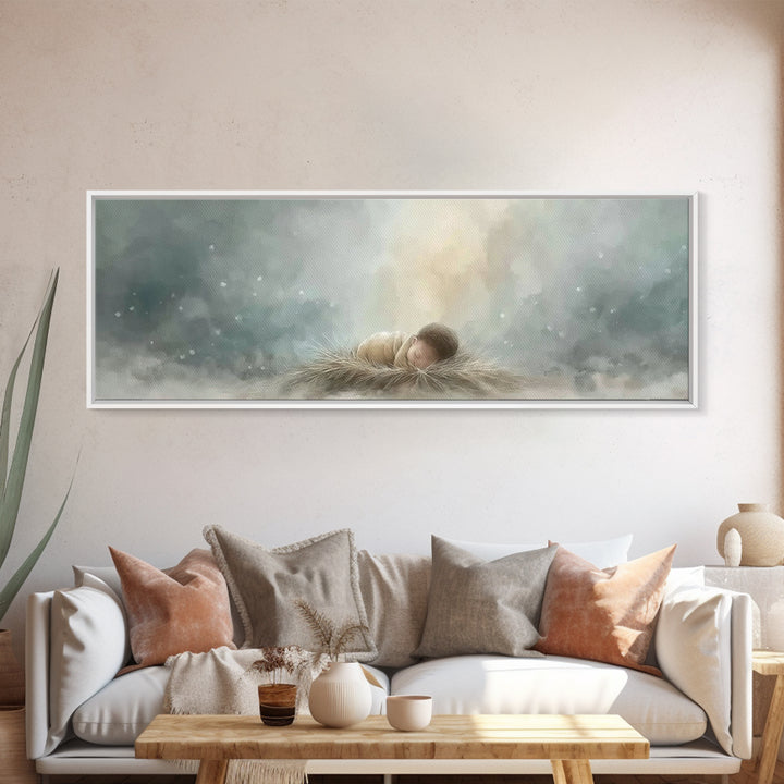 Heaven’s Gentle Gift – Framed Canvas Print – Panoramic Art – Christian Christmas Art – Christian Wall Art – Jesus Art Print