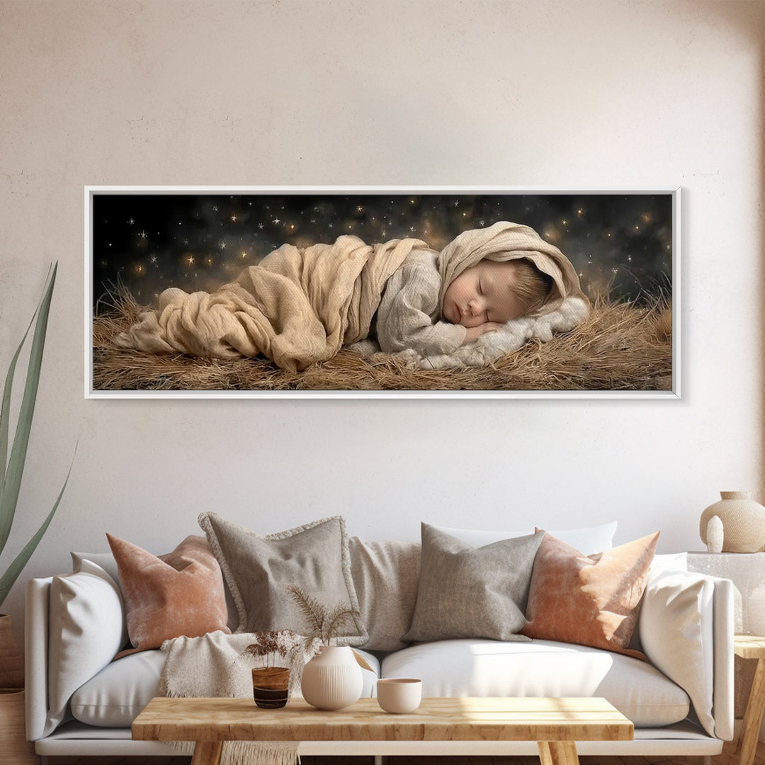 Silent Manger Peace | Framed Canvas Print | Christian Art Canvas | Christmas Wall Art | Jesus Christmas Art | Panoramic Painting | Christia