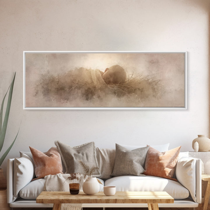 Sacred Infant Calm – Framed Canvas Print – Christian Christmas Art – Christian Art Canvas – Minimalist Christian Art – Panoramic Print – Ch