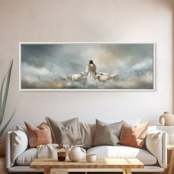 The Gentle Shepherd, Framed Canvas Print, Christian Art Canvas, Jesus Painting, Christian Wall Art, Panoramic Painting, Christian Gift Idea