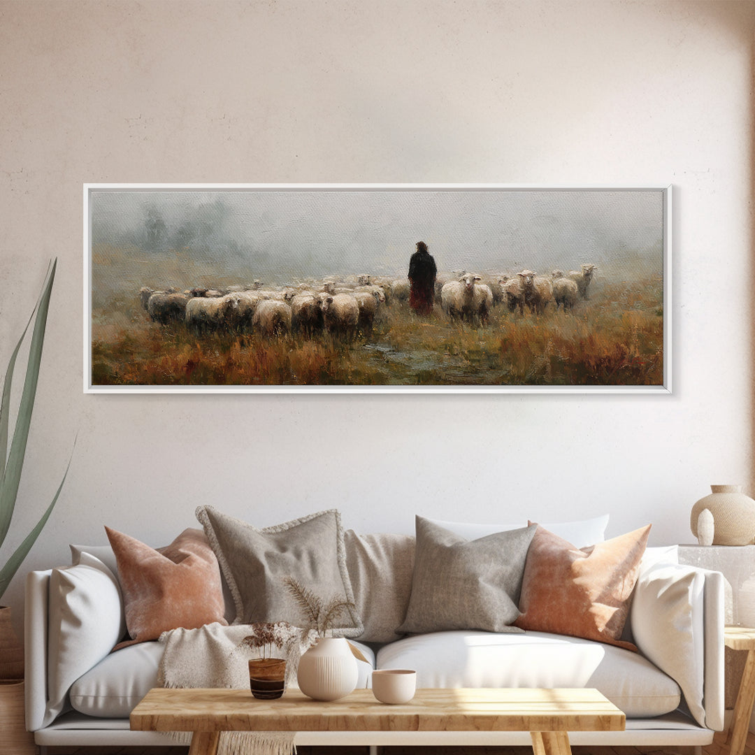 Fields Of His Care – Framed Canvas Print – Christian Art Print – Christian Wall Art – Jesus Painting – Panoramic Wall Art – Christian Chris