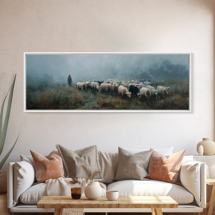 Morning Flock Grace – Framed Canvas Print – Christian Wall Art – Christian Art Canvas – Pastoral Scenery – Panoramic Art – Christian Gift I