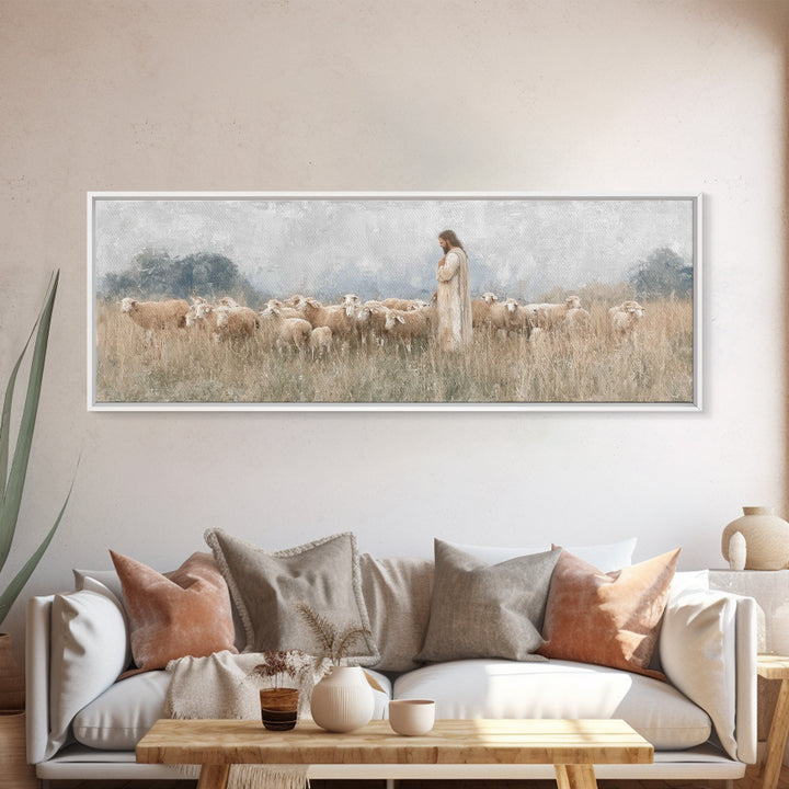 Gentle Shepherd Light | Framed Canvas Print | Panoramic Art | Christian Wall Art | Jesus Painting | Christmas Art