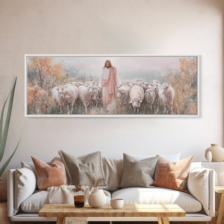 Pasture Of Mercy – Framed Canvas Print – Panoramic Wall Art – Christian Art Canvas – Jesus Painting – Christian Christmas
