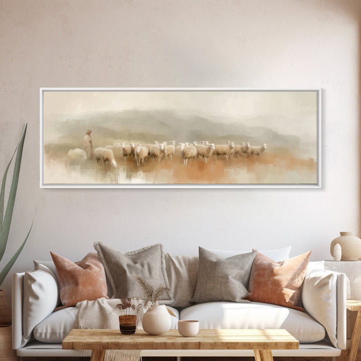 Morning Shepherd Peace, Framed Canvas Print, Panoramic Print, Christian Wall Art, Jesus Painting, Christmas Art