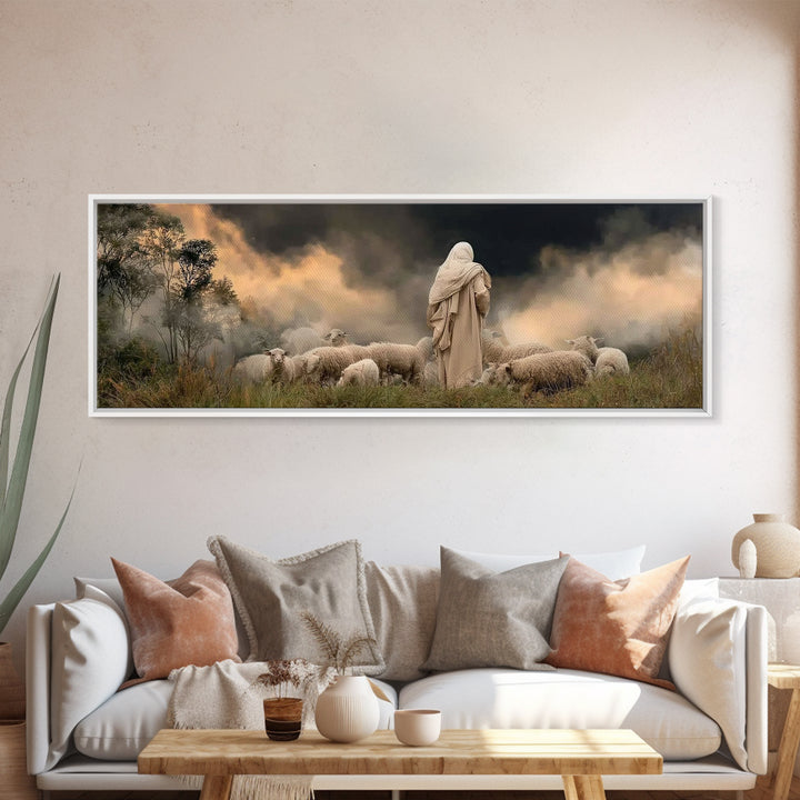 Shepherd’s Calm Dawn – Framed Canvas Print – Panoramic Art – Christian Art – Jesus Painting – Christmas Wall Art