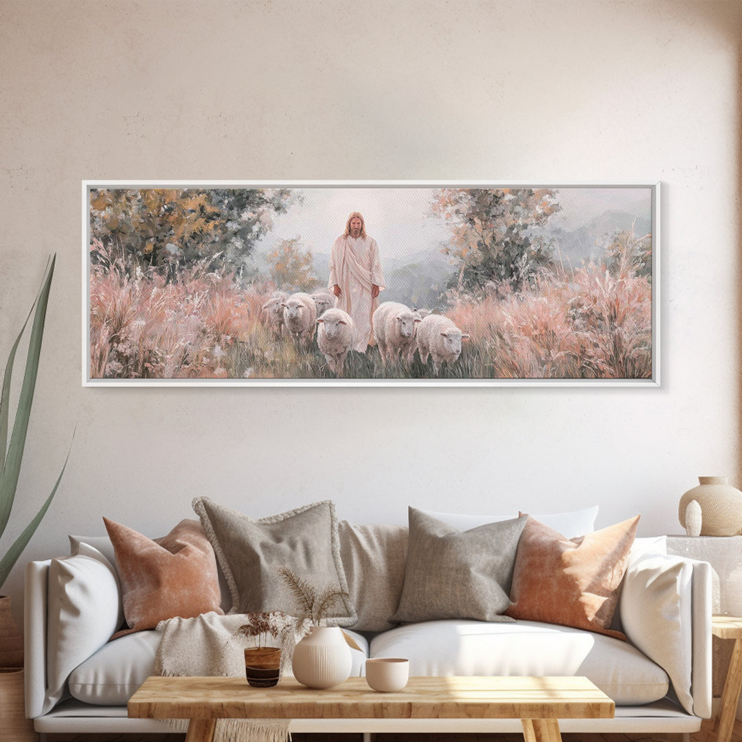 Everlasting Pasture, Framed Canvas Print, Panoramic Wall Art, Christian Art Canvas, Jesus Painting, Christmas Art