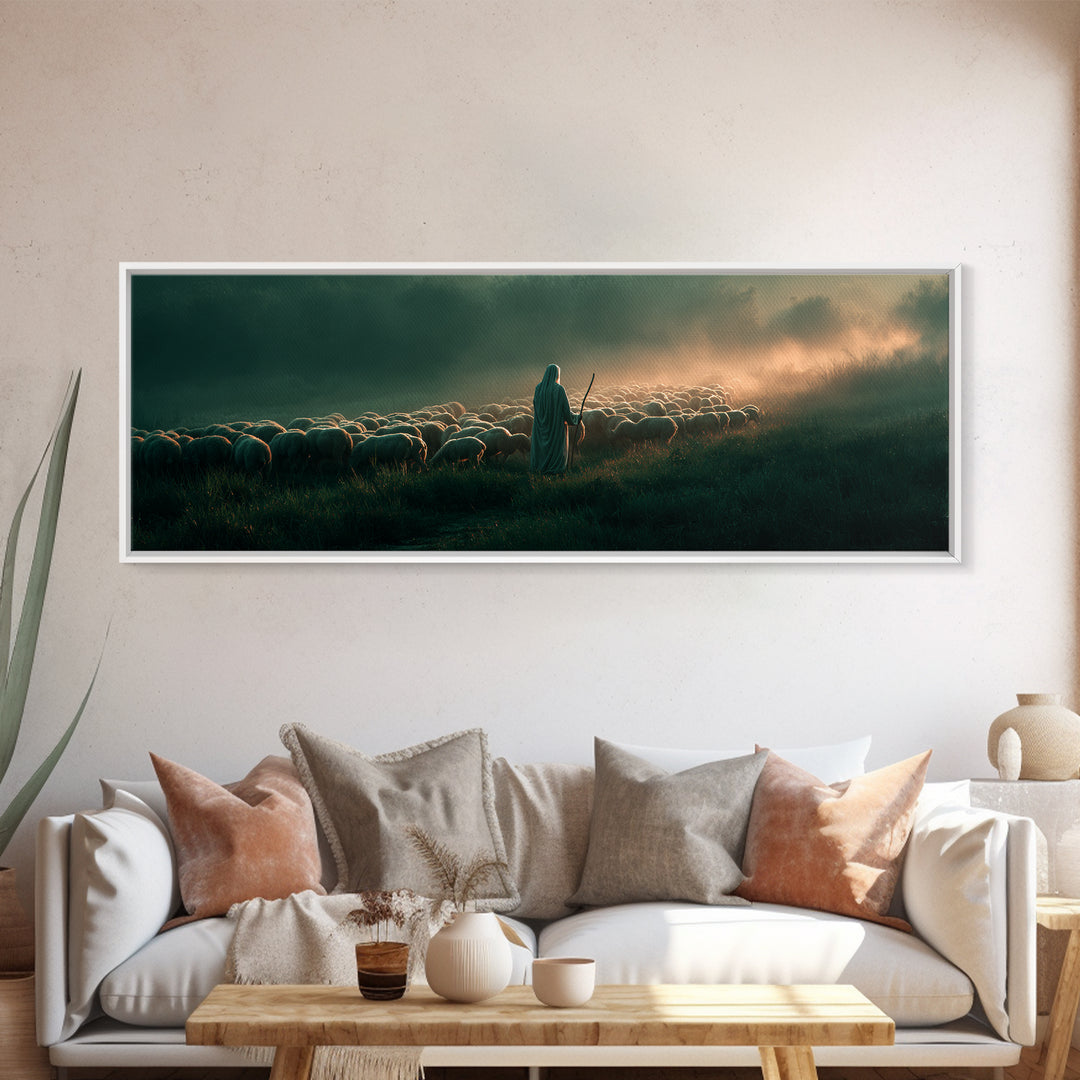 Shepherd’s Gentle Path | Framed Canvas Print | Panoramic Frame | Christian Art | Jesus Painting | Christmas Art