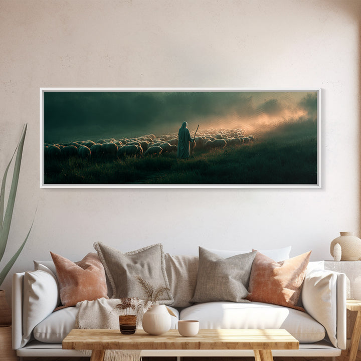 Shepherd’s Gentle Path | Framed Canvas Print | Panoramic Frame | Christian Art | Jesus Painting | Christmas Art