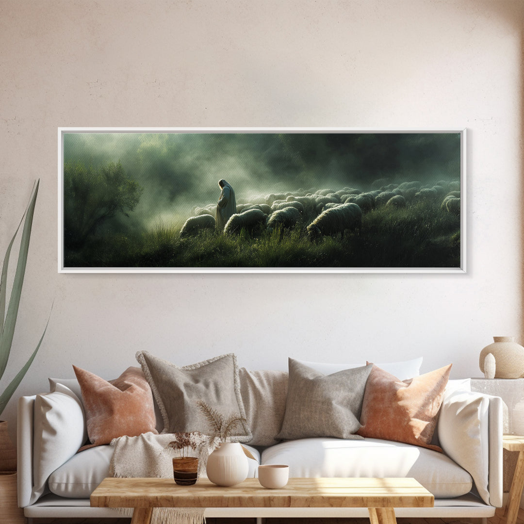 Haven Of The Shepherd, Framed Canvas Print, Panoramic Art, Christian Art Canvas, Jesus Painting, Christmas Decor