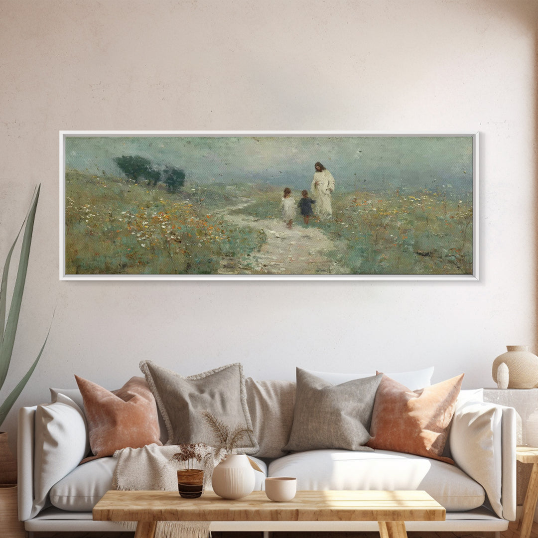 Meadow Walk Blessing | Framed Canvas Print | Panoramic Wall Art | Jesus Art Print | Christian Art Canvas | Christian Painting