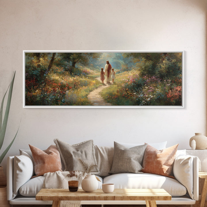 Sunlit Garden Peace – Framed Canvas Print – Panoramic Art – Jesus Painting – Christian Wall Art – Christian Art Print