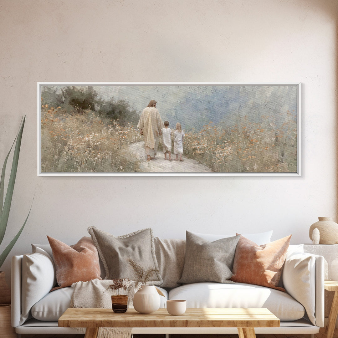 Quiet Meadow Journey, Framed Canvas Print, Panoramic Wall Art, Christian Art Print, Jesus Painting, Christian Art