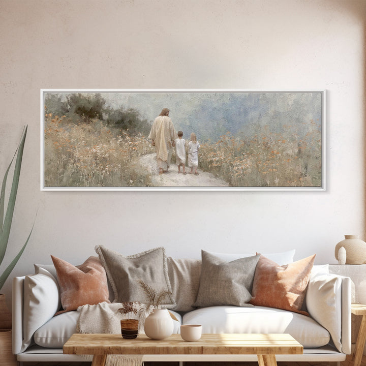 Quiet Meadow Journey, Framed Canvas Print, Panoramic Wall Art, Christian Art Print, Jesus Painting, Christian Art