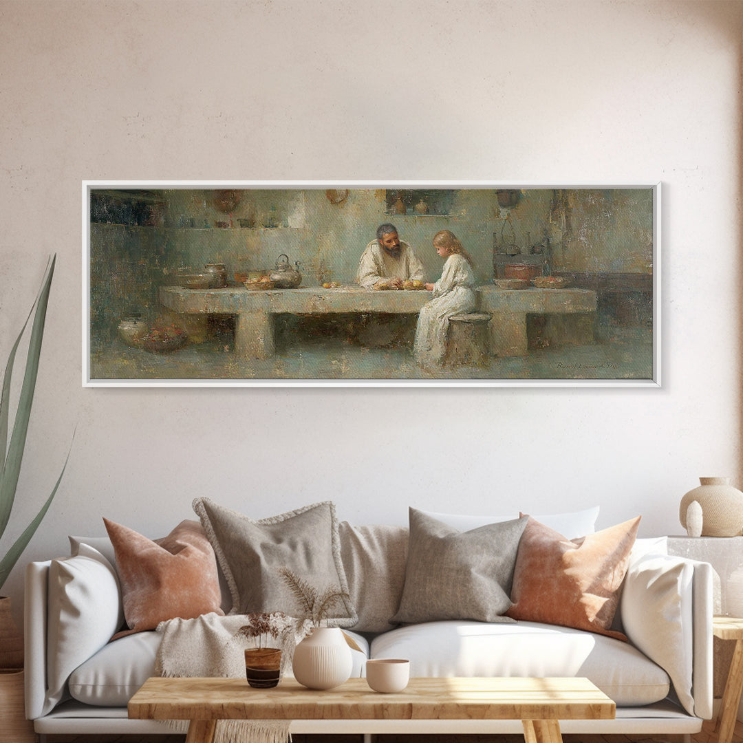 The Quiet Workshop | Framed Canvas Print | Christian Wall Art | Christian Art Canvas | Panoramic Painting | Jesus Painting | Christian Deco