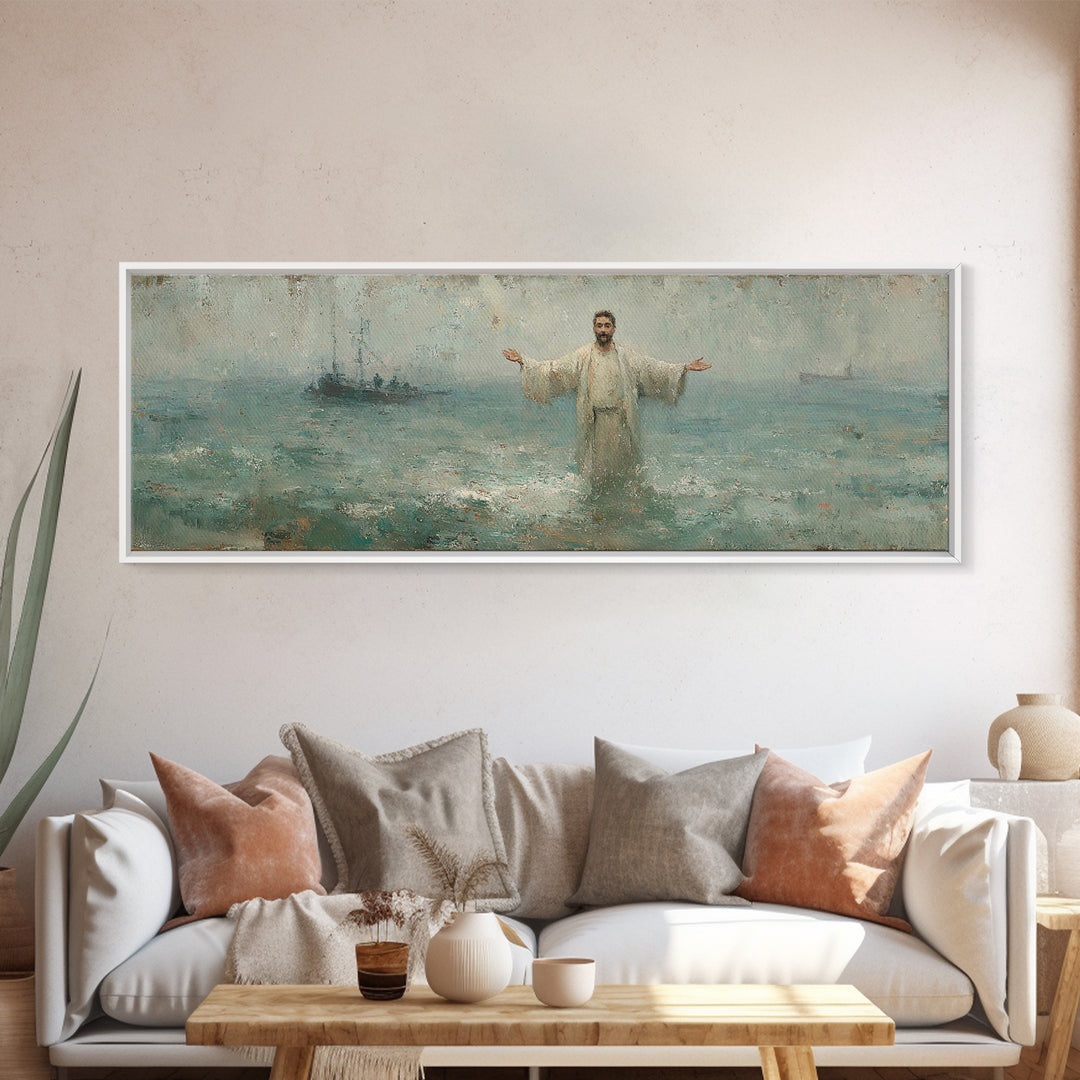 Waves Of Mercy – Framed Canvas Print – Panoramic Art – Christian Wall Art – Jesus Painting – Christian Art Canvas – Christian Christmas Art