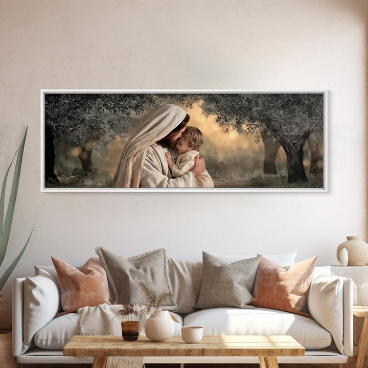 Garden Of Peace, Framed Canvas Print, Christian Wall Art, Jesus Painting, Panoramic Art, Christian Christmas Art, Christian Art Canvas